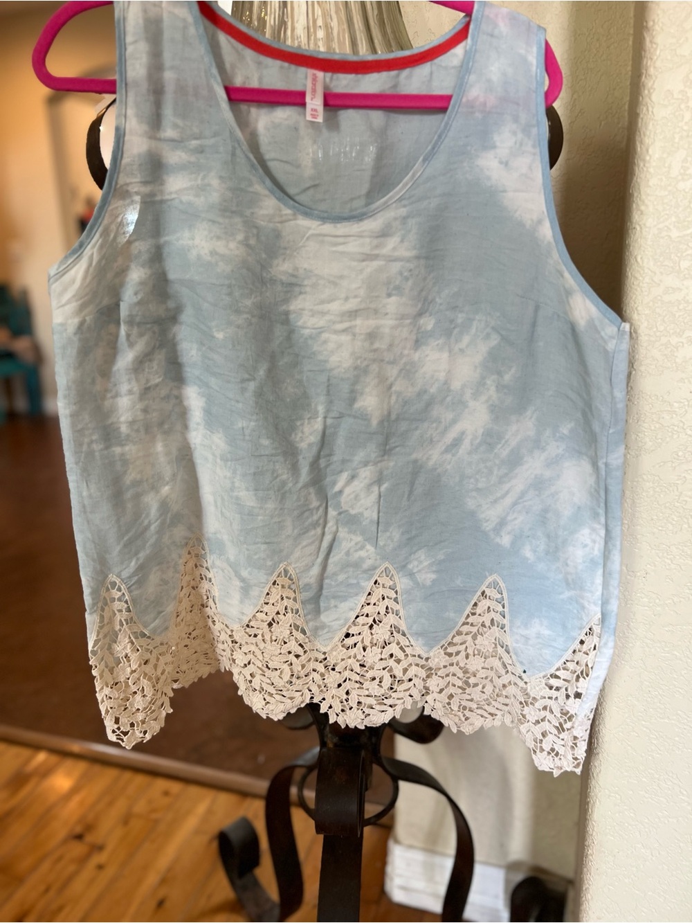 Xhilaration Light Blue Tie-Dye Tank with Cream Lace Hem